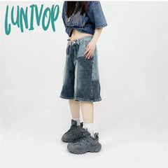 Lunivop Women’s Patchwork Design Wide Leg Blue Denim Shorts Unisex Style Capris Summer Female
