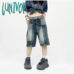 Lunivop Women’s Patchwork Design Wide Leg Blue Denim Shorts Unisex Style Capris Summer Female