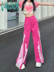 Lunivop Women’s Pink Spliced Cargo Trousers Summer New Street Style Sweet Young Girl High Waist