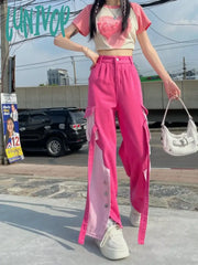 Lunivop Women’s Pink Spliced Cargo Trousers Summer New Street Style Sweet Young Girl High Waist