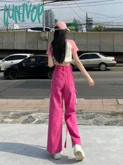 Lunivop Women’s Pink Spliced Cargo Trousers Summer New Street Style Sweet Young Girl High Waist
