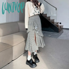 Lunivop Women’s Plaid A-Line Skirt Vintage Y2K 90S Aesthetic Asymmetrical Harajuku Korean Elegant