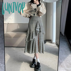Lunivop Women’s Plaid A-Line Skirt Vintage Y2K 90S Aesthetic Asymmetrical Harajuku Korean Elegant