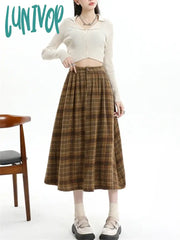 Lunivop Women’s Plaid A-Line Woolen Long Skirt College Style Young Girl Chic Autumn Winter Female