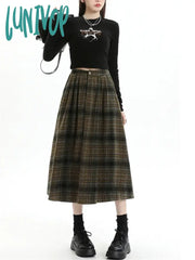 Lunivop Women’s Plaid A-Line Woolen Long Skirt College Style Young Girl Chic Autumn Winter Female