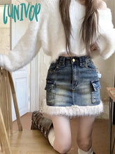 Lunivop Women’s Plush Patchwork Denim Short Skirt Harajuku Korean 90S Y2K Streetwear Fashion