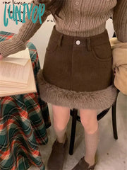 Lunivop Women’s Plush Patchwork Woolen High Waisted Skirt Harajuku Korean 90S Y2K Streetwear