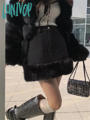 Lunivop Women’s Plush Patchwork Woolen High Waisted Skirt Harajuku Korean 90S Y2K Streetwear