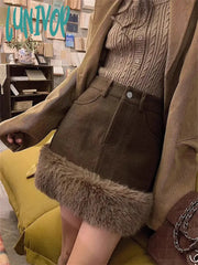 Lunivop Women’s Plush Patchwork Woolen High Waisted Skirt Harajuku Korean 90S Y2K Streetwear