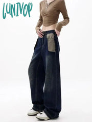 Lunivop Women’s Pocket Splicing Design Loose Wide Legs Retro Pant American Vintage Style