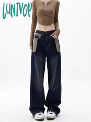 Lunivop Women’s Pocket Splicing Design Loose Wide Legs Retro Pant American Vintage Style