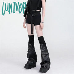 Lunivop Women’s Pu Leather Patchwork Pocket Black Leg Cover Fashionable Versatile Spicy Girl Sock