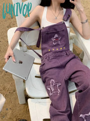 Lunivop Women’s Purple Star Patch Denim Strap Pants Spring Summer Vintage Street Style Rompers