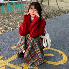 Lunivop Women’s Rainbow Plaid Woolen Pleated Mid Length Skirt College Style Spring Color Contrast