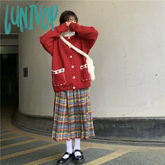 Lunivop Women’s Rainbow Plaid Woolen Pleated Mid Length Skirt College Style Spring Color Contrast