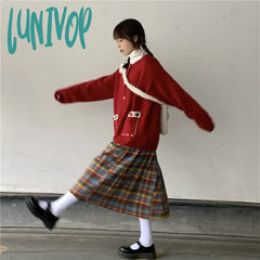 Lunivop Women’s Rainbow Plaid Woolen Pleated Mid Length Skirt College Style Spring Color Contrast
