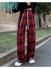 Lunivop Women’s Red Checkered Pattern Drawstring Elastic Waist Sweatpants Spring Autumn Sports