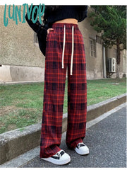 Lunivop Women’s Red Checkered Pattern Drawstring Elastic Waist Sweatpants Spring Autumn Sports