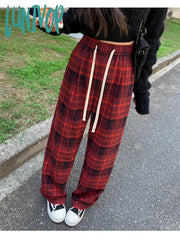 Lunivop Women’s Red Checkered Pattern Drawstring Elastic Waist Sweatpants Spring Autumn Sports