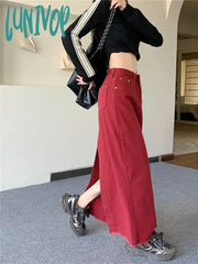 Lunivop Women’s Red High Waist Ankle-Length Denim Skirt Summer Autumn New American Street Retro