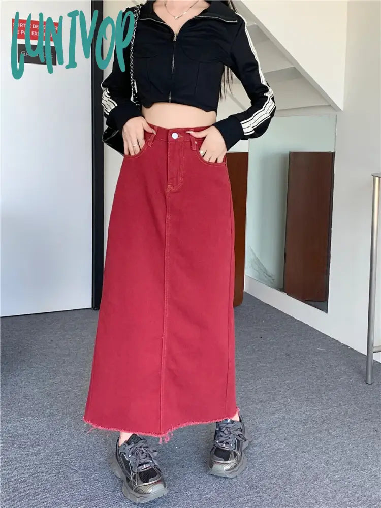 Lunivop Women’s Red High Waist Ankle-Length Denim Skirt Summer Autumn New American Street Retro
