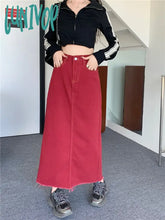 Lunivop Women’s Red High Waist Ankle-Length Denim Skirt Summer Autumn New American Street Retro
