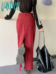 Lunivop Women’s Red High Waist Ankle-Length Denim Skirt Summer Autumn New American Street Retro