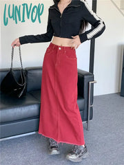 Lunivop Women’s Red High Waist Ankle-Length Denim Skirt Summer Autumn New American Street Retro