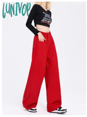 Lunivop Women’s Red High Waisted Straight Jeans Vintage American Street Cool Girl Pants Female