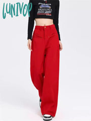 Lunivop Women’s Red High Waisted Straight Jeans Vintage American Street Cool Girl Pants Female