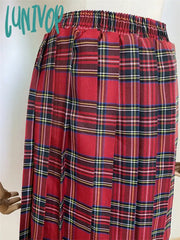 Lunivop Women’s Red Plaid Pleated Mid Length Skirt College Style Spring Color Contrast Female