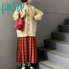Lunivop Women’s Red Plaid Pleated Mid Length Skirt College Style Spring Color Contrast Female