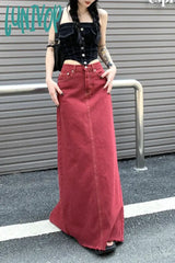 Lunivop Women’s Red Split Back Denim Skirt Summer Chic Design Street Style Solid Color Female