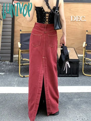 Lunivop Women’s Red Split Back Denim Skirt Summer Chic Design Street Style Solid Color Female