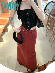 Lunivop Women’s Red Split Back Denim Skirt Summer Chic Design Street Style Solid Color Female