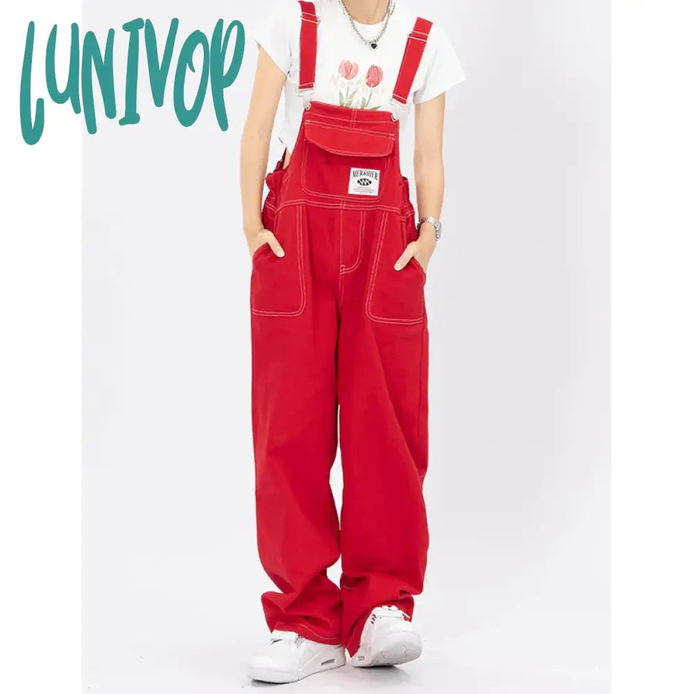 Lunivop Women’s Red Vintage Suspender Jeans Fashion Pocket Wide Leg Pants Streetwear Rompers