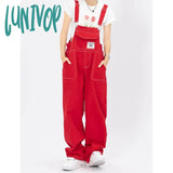 Lunivop Women’s Red Vintage Suspender Jeans Fashion Pocket Wide Leg Pants Streetwear Rompers