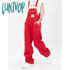 Lunivop Women’s Red Vintage Suspender Jeans Fashion Pocket Wide Leg Pants Streetwear Rompers