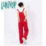 Lunivop Women’s Red Vintage Suspender Jeans Fashion Pocket Wide Leg Pants Streetwear Rompers