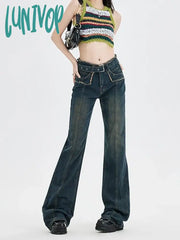 Lunivop Women’s Retro Burr Edge Design Micro Flared Jeans American Vintage Casual Denim Trousers