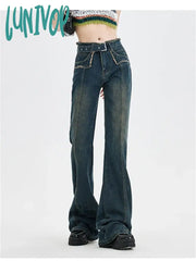Lunivop Women’s Retro Burr Edge Design Micro Flared Jeans American Vintage Casual Denim Trousers