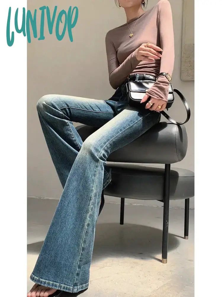 Lunivop Women’s Retro High Waisted Slim Micro Flared Pants Casual Blue Jeans Vintage American