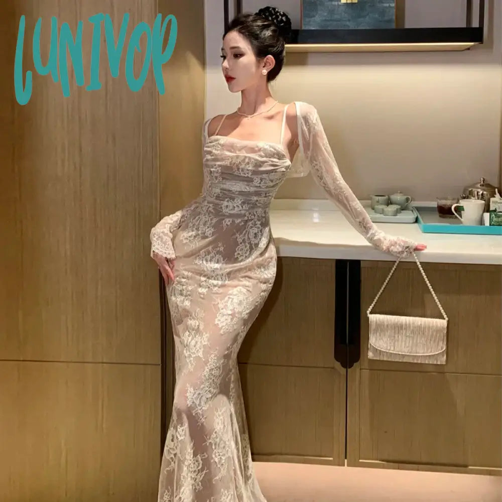 Lunivop Women’s Retro Lace Midi Dress Spaghetti Strap Up Bodycon Mermaid Spring And Summer