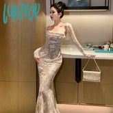 Lunivop Women’s Retro Lace Midi Dress Spaghetti Strap Up Bodycon Mermaid Spring And Summer