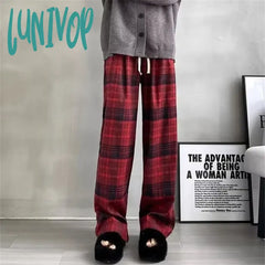 Lunivop Women’s Retro Plaid Casual Narrow Straight Pants Street Young Girl Vintage Style Bottoms