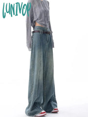 Lunivop Women’s Retro Style High Waisted Splicing Design Pants Casual Blue Jeans Vintage American