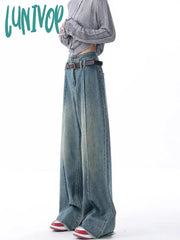 Lunivop Women’s Retro Style High Waisted Splicing Design Pants Casual Blue Jeans Vintage American