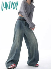 Lunivop Women’s Retro Style High Waisted Splicing Design Pants Casual Blue Jeans Vintage American