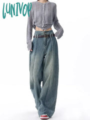 Lunivop Women’s Retro Style High Waisted Splicing Design Pants Casual Blue Jeans Vintage American
