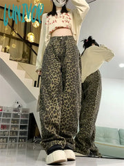 Lunivop Women’s Retro Style Leopard Print Denim Trousers American Vintage Street Jeans Casual